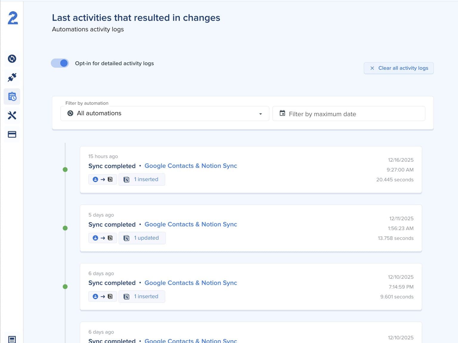 Journaux d'activité montrant l'interface de l'application